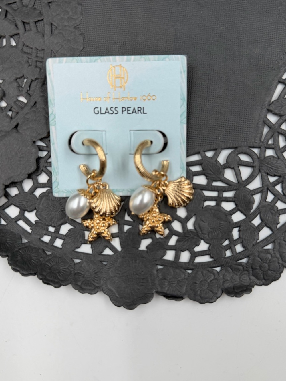 House of Harlow 1960 Gold Hoop Earrings with Pearl and Sea Charms